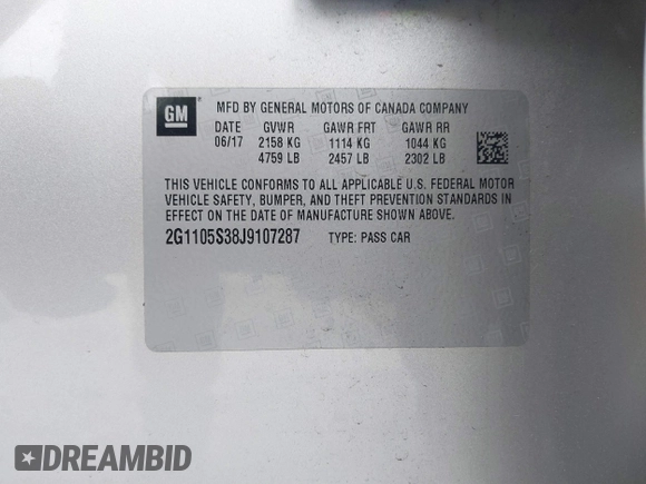 2018 Chevrolet Impala LT with VIN 2G1105S38J9107287, listed as a IAAI auction lot 41689057 with 121,062 mi miles and . Bid and sale history available at DreamBid. Image 9.