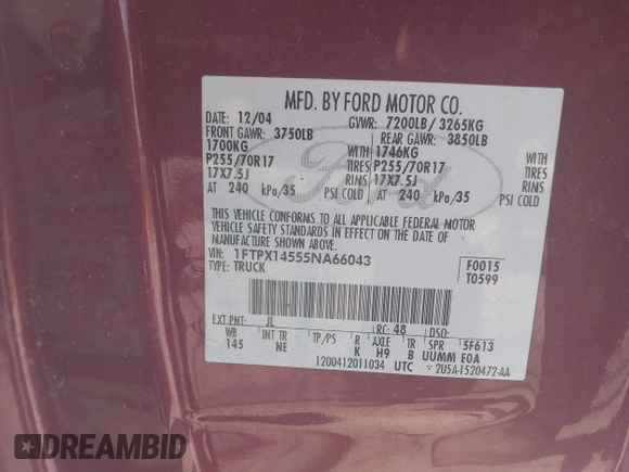 2005 Ford F-150 XLT with VIN 1FTPX14555NA66043, listed as a IAAI auction lot 42641503 with Not provided miles and . Bid and sale history available at DreamBid. Image 9.