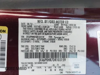 2013 Ford Fusion SE with VIN 3FA6P0HR7DR103159, listed as a IAAI auction lot 42272784 with 85,627 mi miles and . Bid and sale history available at DreamBid. Image 9.