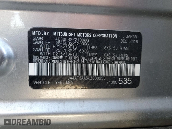 2019 Mitsubishi Eclipse Cross ES z VIN JA4AT3AA5KZ030253, wystawiony jako Copart lot #56925305 z przebiegiem 135 057 mil mil oraz Szkoda całkowita • Salvage title. Historia ofert i sprzedaży dostępna na DreamBid. Obrazek 13.