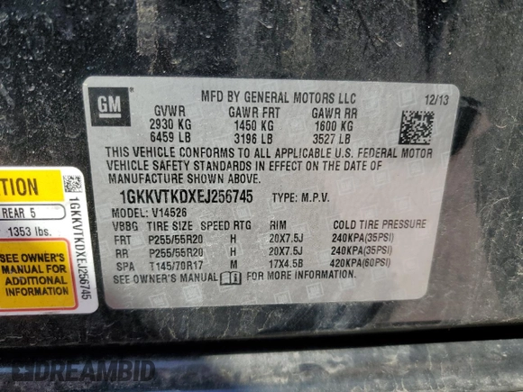 2014 GMC Acadia Denali with VIN 1GKKVTKDXEJ256745, listed as a Copart auction lot 52704975 with 159,894 mi miles and Clean Title. Bid and sale history available at carsss.com. Image 14.