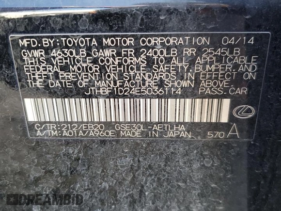 2014 Lexus IS 250 with VIN JTHBF1D24E5036114, listed as a Copart auction lot 41826235 with 153,512 mi miles and Salvage title. Bid and sale history available at DreamBid. Image 12.