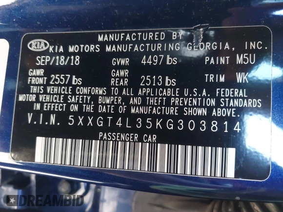 2019 Kia Optima LX with VIN 5XXGT4L35KG303814, listed as a IAAI auction lot 41769183 with 107,509 mi miles. Bid and sale history available at carsss.com. Image 9.