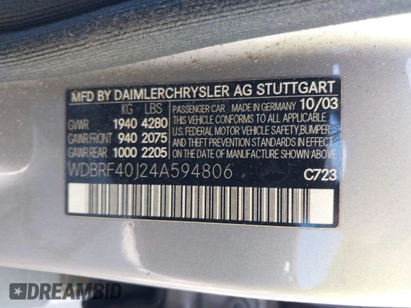 2004 Mercedes-Benz C 230 Kompressor z VIN WDBRF40J24A594806, wystawiony jako IAAI lot #42444464 z przebiegiem 266 778 mil mil oraz . Historia ofert i sprzedaży dostępna na DreamBid. Obrazek 9.
