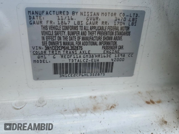 2017 Nissan Note SV with VIN 3N1CE2CP6HL352875, listed as a Copart auction lot 51004875 with 61,784 mi miles and Salvage Title. Bid and sale history available at DreamBid. Image 12.