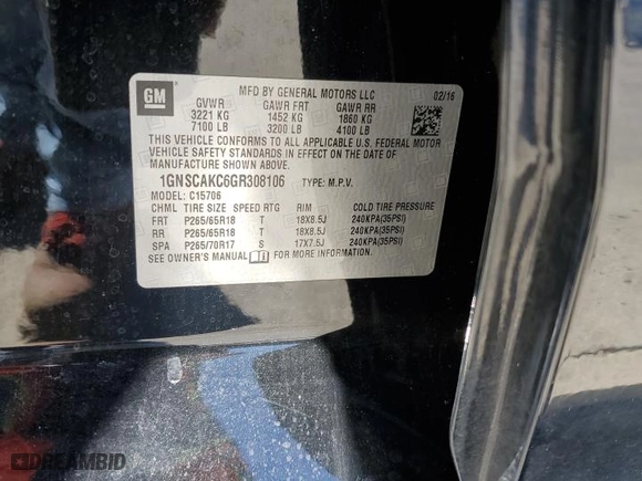 2016 Chevrolet Tahoe LS with VIN 1GNSCAKC6GR308106, listed as a Copart auction lot 46468755 with 175,974 mi miles and Salvage Title. Bid and sale history available at carsss.com. Image 14.