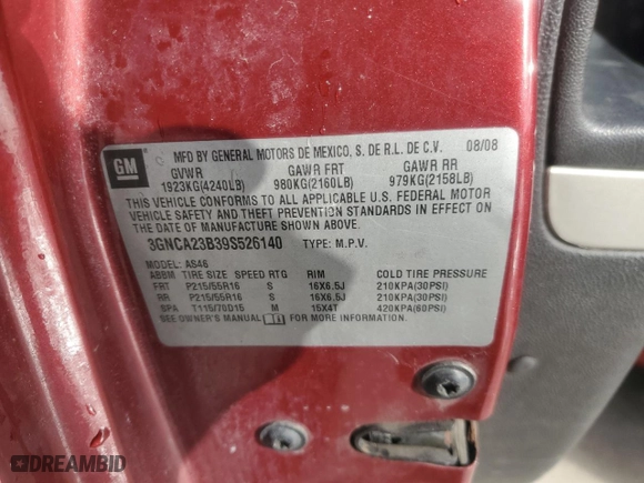2009 Chevrolet HHR LT w/1LT with VIN 3GNCA23B39S526140, listed as a Copart auction lot 43872885 with NaN miles and Salvage Title. Bid and sale history available at carsss.com. Image 13.