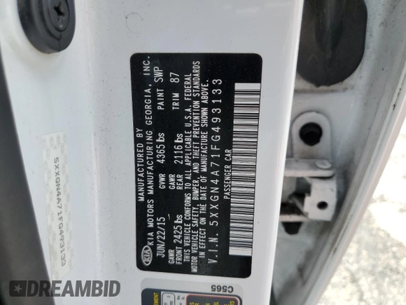 2015 Kia Optima EX with VIN 5XXGN4A71FG493133, listed as a Copart auction lot 52782495 with 115,253 mi miles and Salvage Title. Bid and sale history available at DreamBid. Image 12.