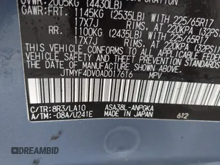 2010 Toyota RAV4 Limited with VIN JTMYF4DV0AD017616, listed as a IAAI auction lot 42435250 with 140,034 mi miles and . Bid and sale history available at DreamBid. Image 9.