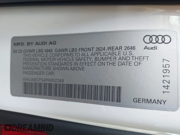2023 Audi A5 Sportback Premium z VIN WAUABCF54PA052249, wystawiony jako IAAI lot #41916508 z przebiegiem 19 062 mil mil oraz . Historia ofert i sprzedaży dostępna na DreamBid. Obrazek 9.