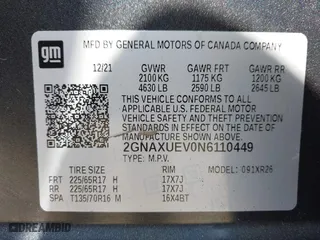2022 Chevrolet Equinox LT with VIN 2GNAXUEV0N6110449, listed as a IAAI auction lot 41785236 with 124,258 mi miles. Bid and sale history available at carsss.com. Image 9.