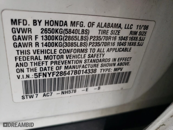 2007 Honda Pilot EX-L with VIN 5FNYF28647B014338, listed as a Copart auction lot 47654135 with 226,888 mi miles and Salvage Title. Bid and sale history available at carsss.com. Image 15.