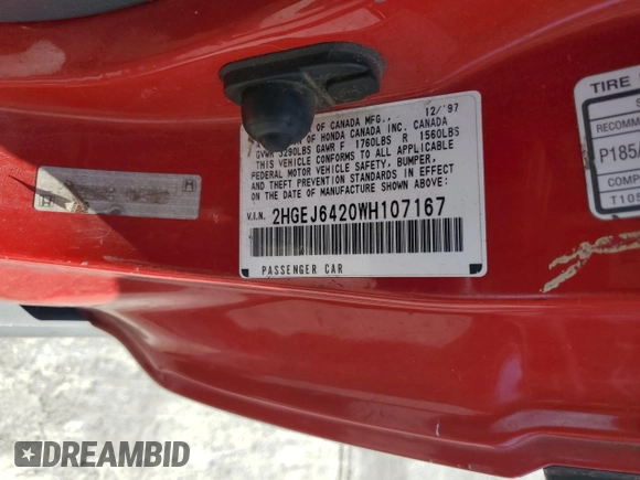 1998 Honda Civic CX with VIN 2HGEJ6420WH107167, listed as a Copart auction lot 46697095 with 64,087 mi miles and Salvage Title. Bid and sale history available at DreamBid. Image 13.