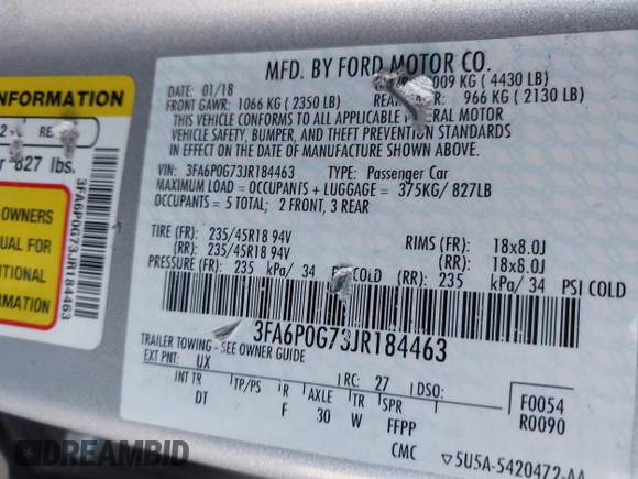 2018 Ford Fusion S with VIN 3FA6P0G73JR184463, listed as a IAAI auction lot 41763862 with 140,276 mi miles. Bid and sale history available at carsss.com. Image 9.