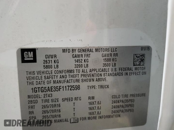 2015 GMC Canyon 2WD with VIN 1GTG5AE35F1172598, listed as a Copart auction lot 41620115 with 135,864 mi miles and Salvage Title. Bid and sale history available at DreamBid. Image 12.