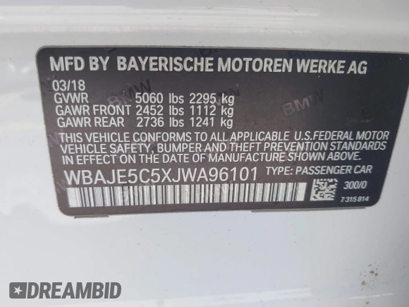 2018 BMW 5 Series 540i с VIN WBAJE5C5XJWA96101, выставлен на аукционе IAAI как лот 42268201 с пробегом 111 626 миль миль и . История ставок и продаж доступна на DreamBid. Изображение 9.