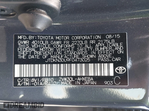 2015 Toyota Prius Four with VIN JTDKN3DU9F0473025, listed as a IAAI auction lot 42425733 with 124,196 mi miles and . Bid and sale history available at DreamBid. Image 9.