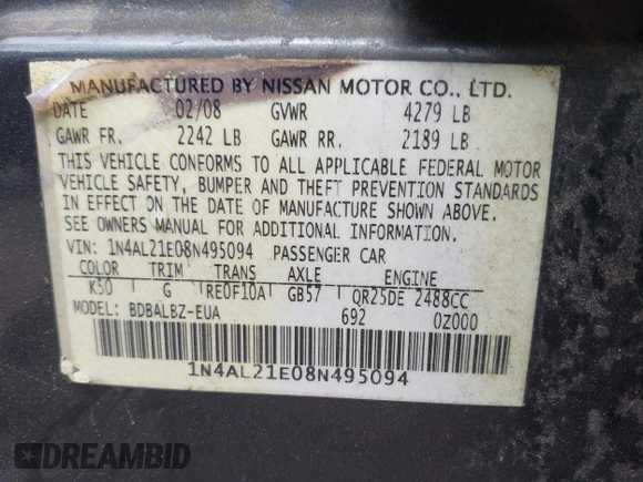 2008 Nissan Altima 2.5 S with VIN 1N4AL21E08N495094, listed as a IAAI auction lot 41909567 with 1 mi miles. Bid and sale history available at carsss.com. Image 9.