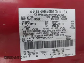 1998 Mazda B-Series 2WD Truck SE with VIN 4F4YR16C5WTM35045, listed as a IAAI auction lot 41655123 with 242,946 mi miles. Bid and sale history available at carsss.com. Image 9.