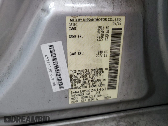 2016 Nissan Altima S with VIN 1N4AL3AP5GC241463, listed as a Copart auction lot 56859085 with 133,529 mi miles and Salvage title. Bid and sale history available at DreamBid. Image 12.
