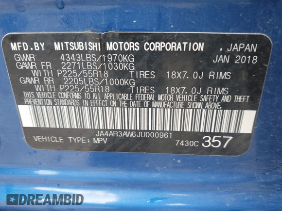 2018 Mitsubishi Outlander SE with VIN JA4AR3AW6JU000961, listed as a IAAI auction lot 42720633 with 124,554 mi miles and . Bid and sale history available at DreamBid. Image 9.