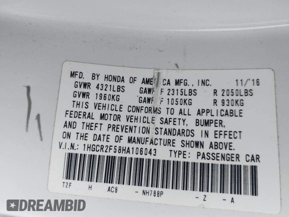 2017 Honda Accord Sport with VIN 1HGCR2F58HA106043, listed as a IAAI auction lot 42009231 with 95,948 mi miles. Bid and sale history available at carsss.com. Image 9.