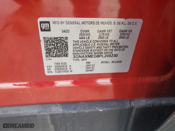 2023 Chevrolet Equinox RS with VIN 3GNAXMEG8PL249230, listed as a Copart auction lot 84646094 with 37,579 mi miles and Salvage Title. Bid and sale history available at carsss.com. Image 13.
