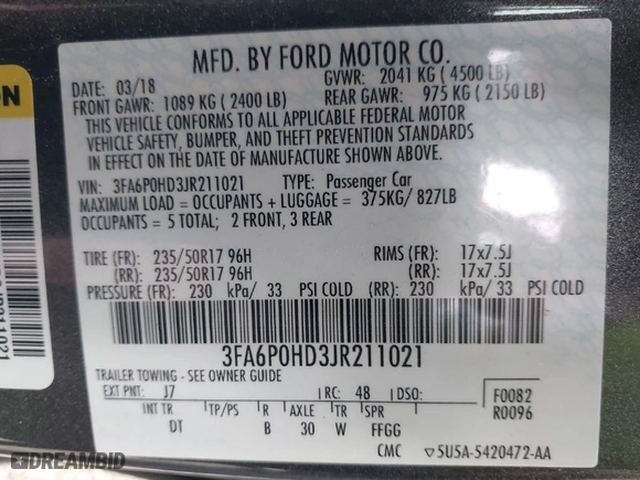 2018 Ford Fusion SE with VIN 3FA6P0HD3JR211021, listed as a IAAI auction lot 41654892 with 1 mi miles. Bid and sale history available at carsss.com. Image 9.