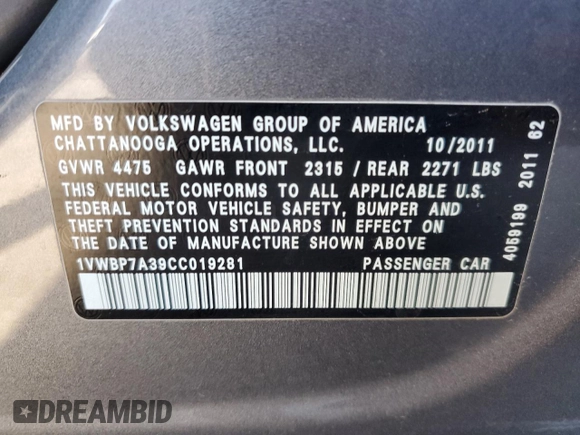 2012 Volkswagen Passat SE with VIN 1VWBP7A39CC019281, listed as a Copart auction lot 57724955 with Not provided miles and Salvage title. Bid and sale history available at DreamBid. Image 12.