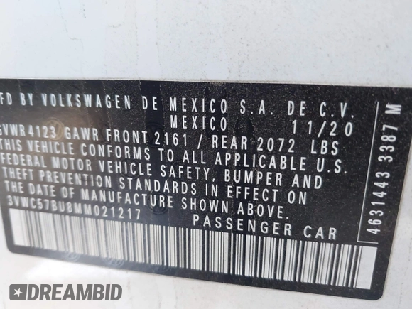 2021 Volkswagen Jetta S with VIN 3VWC57BU8MM021217, listed as a IAAI auction lot 42073922 with 84,224 mi miles and . Bid and sale history available at DreamBid. Image 9.