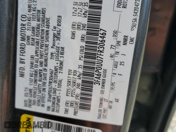 2015 Ford Fusion S Hybrid with VIN 3FA6P0UU7FR306467, listed as a Copart auction lot 47254505 with 153,660 mi miles and Salvage Title. Bid and sale history available at carsss.com. Image 12.