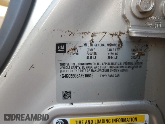 2010 Buick LaCrosse CXL with VIN 1G4GC5EG6AF216616, listed as a Copart auction lot 85973784 with Not Provided miles and Salvage Title. Bid and sale history available at DreamBid. Image 13.