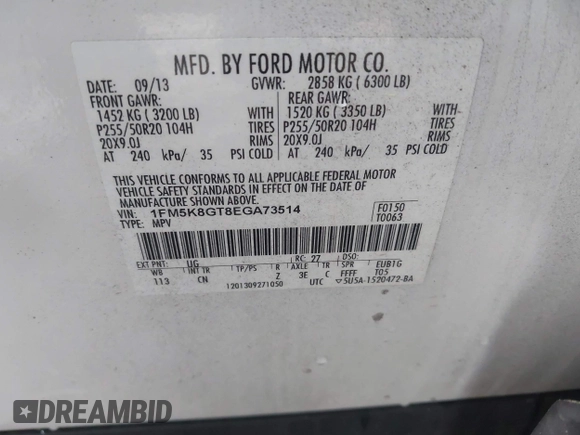 2014 Ford Explorer Sport with VIN 1FM5K8GT8EGA73514, listed as a IAAI auction lot 41976301 with 201,615 mi miles and . Bid and sale history available at DreamBid. Image 9.
