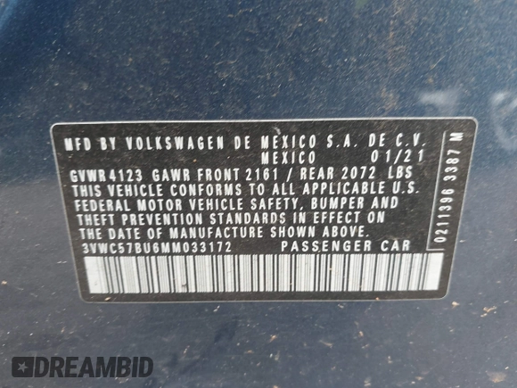 2021 Volkswagen Jetta S z VIN 3VWC57BU6MM033172, wystawiony jako IAAI lot #42371654 z przebiegiem 38 488 mil mil oraz . Historia ofert i sprzedaży dostępna na DreamBid. Obrazek 9.