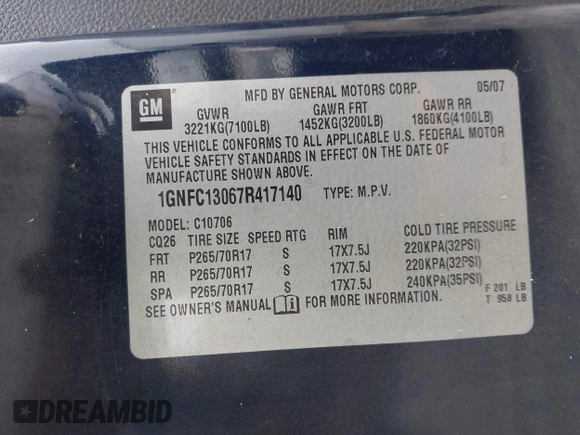2007 Chevrolet Tahoe LT with VIN 1GNFC13067R417140, listed as a IAAI auction lot 42885810 with 243,470 mi miles and . Bid and sale history available at DreamBid. Image 9.