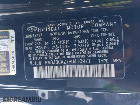 2017 Hyundai Tucson Sport with VIN KM8J3CA27HU410971, listed as a IAAI auction lot 41468401 with 115,080 mi miles and . Bid and sale history available at DreamBid. Image 9.