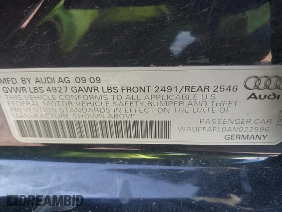 2010 Audi A4 2.0T Premium Plus with VIN WAUFFAFL0AN022596, listed as a IAAI auction lot 42028115 with 108,215 mi miles. Bid and sale history available at carsss.com. Image 9.
