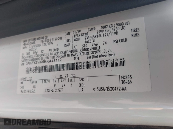 2019 Ford Transit Passenger XL with VIN 1FBZX2YM5KKA48112, listed as a IAAI auction lot 41518013 with 163,856 mi miles and . Bid and sale history available at DreamBid. Image 9.
