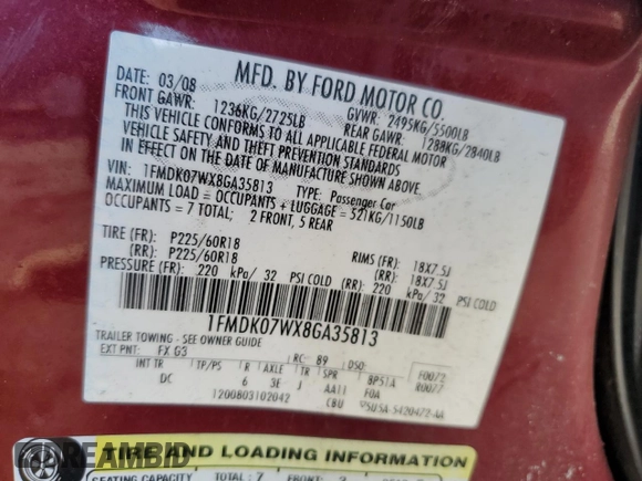 2008 Ford Taurus X Eddie Bauer with VIN 1FMDK07WX8GA35813, listed as a Copart auction lot 47117595 with Not provided miles and Salvage title. Bid and sale history available at DreamBid. Image 13.