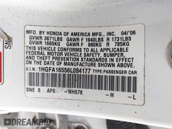 2006 Honda Civic LX with VIN 1HGFA16556L084177, listed as a IAAI auction lot 42053325 with 142,664 mi miles and . Bid and sale history available at DreamBid. Image 9.