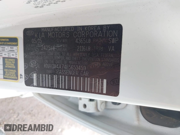 2015 Kia Optima LX with VIN KNAGM4A74F5653459, listed as a IAAI auction lot 42443188 with 109,129 mi miles and . Bid and sale history available at DreamBid. Image 9.