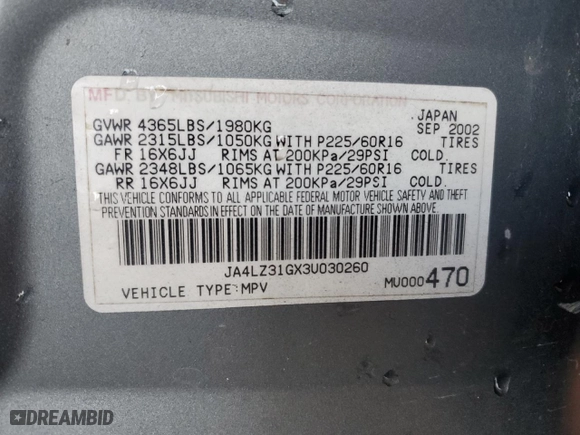 2003 Mitsubishi Outlander LS with VIN JA4LZ31GX3U030260, listed as a Copart auction lot 48120695 with 139,050 mi miles and Salvage Title. Bid and sale history available at carsss.com. Image 13.