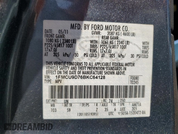 2011 Ford Escape XLT with VIN 1FMCU9D76BKC64128, listed as a Copart auction lot 57674175 with 131,391 mi miles and Salvage title. Bid and sale history available at DreamBid. Image 13.