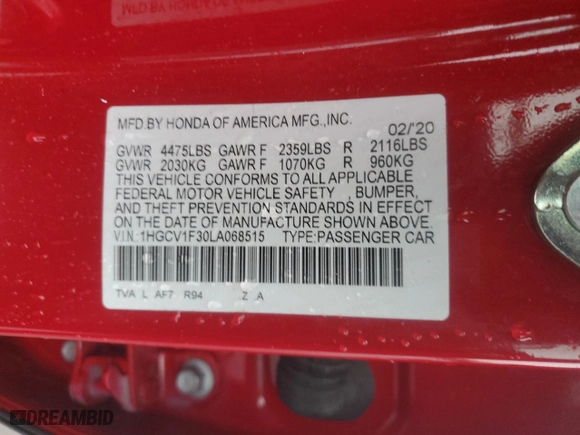 2020 Honda Accord Sedan Sport with VIN 1HGCV1F30LA068515, listed as a Copart auction lot 47804665 with 52,012 mi miles and Salvage Title. Bid and sale history available at carsss.com. Image 15.