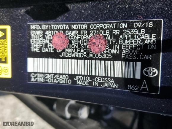2018 Toyota Mirai with VIN JTDBVRBD9JA005305, listed as a Copart auction lot 61135534 with NaN miles and Salvage Title. Bid and sale history available at carsss.com. Image 12.