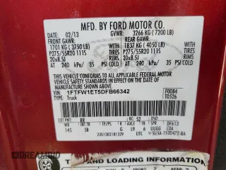 2013 Ford F-150 XL with VIN 1FTFW1ET5DFB66342, listed as a Copart auction lot 63658045 with 195,669 mi miles and Clean title. Bid and sale history available at DreamBid. Image 12.