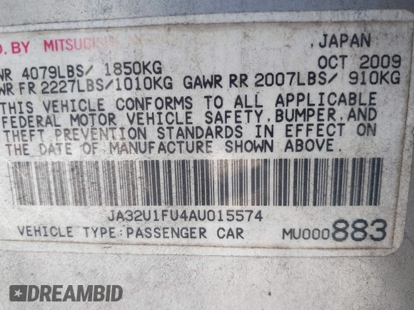 2010 Mitsubishi Lancer DE with VIN JA32U1FU4AU015574, listed as a IAAI auction lot 41770332 with 125,458 mi miles. Bid and sale history available at carsss.com. Image 9.