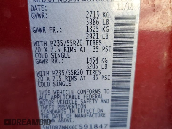 2019 Nissan Pathfinder S with VIN 5N1DR2MNXKC591847, listed as a Copart auction lot 45509835 with 94,109 mi miles and Salvage title. Bid and sale history available at DreamBid. Image 14.