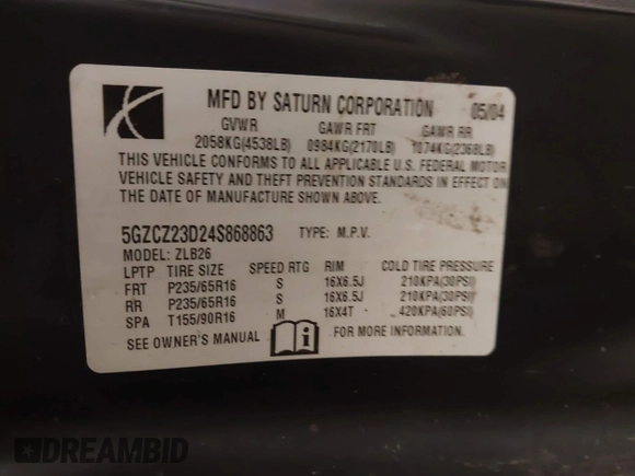 2004 Saturn VUE with VIN 5GZCZ23D24S868863, listed as a IAAI auction lot 41644720 with Not Provided miles and . Bid and sale history available at DreamBid. Image 9.