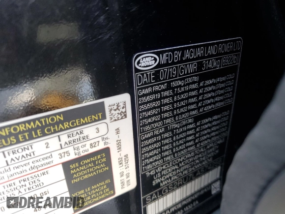 2020 Land Rover Range Rover HSE with VIN SALGS2RU7LA574256, listed as a Copart auction lot 54855955 with 43,429 mi miles and Salvage title. Bid and sale history available at DreamBid. Image 13.